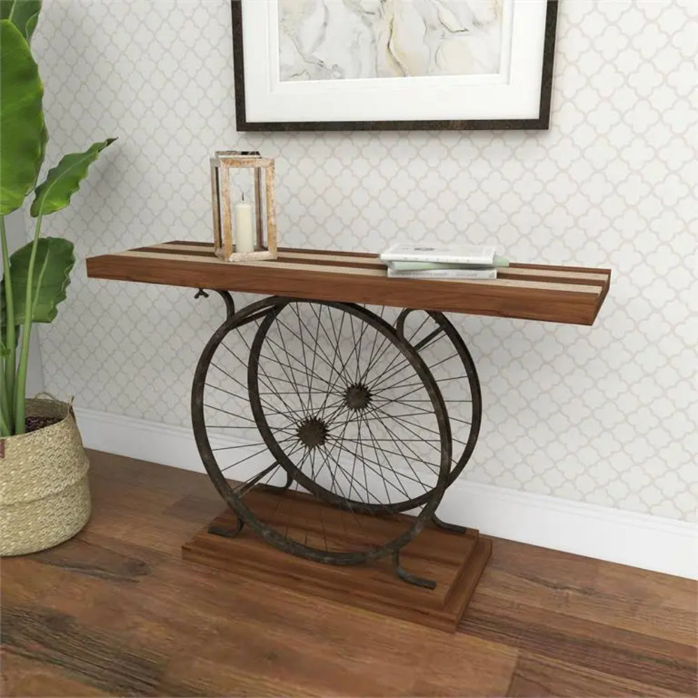 Wood Wide Slatted Top Console Table with Dual Wheel Frame by UMA Enterprises