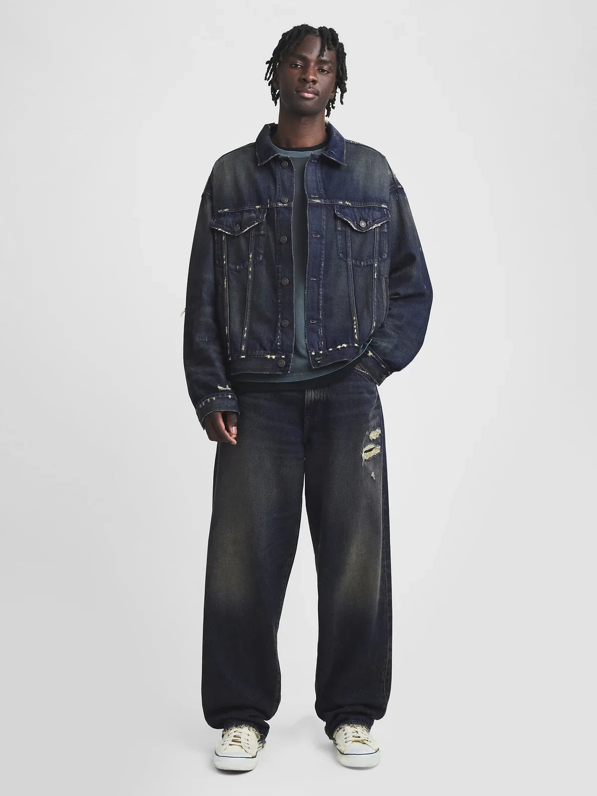 Gap - MadHappy - Distressed Denim Trucker Jacket - Dark Wash– Curacao