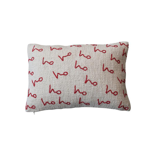 Creative Co-op Lumbar Pillow with Embroidered "Ho Ho Ho" Pattern- Natural/Red