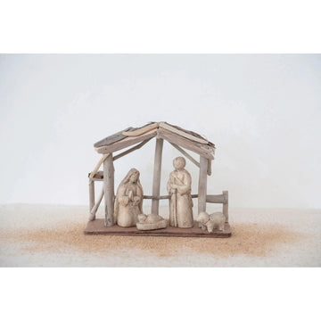 Creative Co-op Driftwood and Paper Mache Nativity with Wood Base - Natural