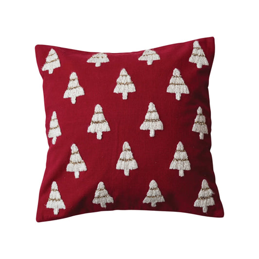 Creative Co-op Slub Pillow with Embroidered Christmas Trees and Beads - Red/White