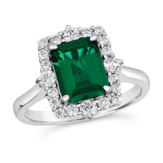 Anna Zuckerman Grace 60 Women's 2.5 ct. Emerald &  0.50 ct. Diamond Crystalline Oraia Cut Ring in Platinum-Plating over 925 Sterling Silver - Size 5