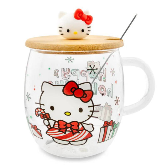 Sanrio Hello Kitty 17 oz Holiday Glass Coffee Mug With Lid and Spoon
