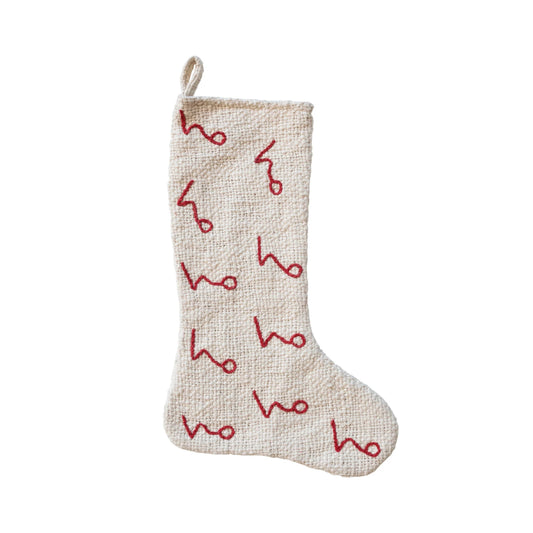 Creative Co-op Stocking with Embroidered "Ho Ho Ho" Pattern - Natural/Red