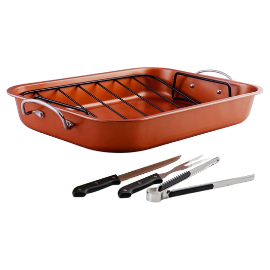 Ovente CWR24619CO Non-Stick Roasting Pan with Carving Knife Set - brown