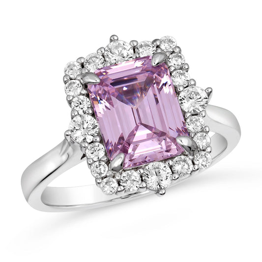 Anna Zuckerman Grace 60 Women's 3 ct. Argyle Pink Crystalline Oraia Emerald Cut Ring in Platinum-Plating over 925 Sterling Silver - Size 9
