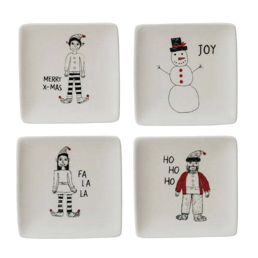 Creative Co-op Dish with Holiday Image and Saying (Set of 4) - White