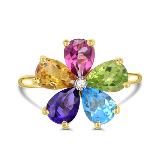 10K Yellow Gold Multi-Colored Flower Ring (Size 7)