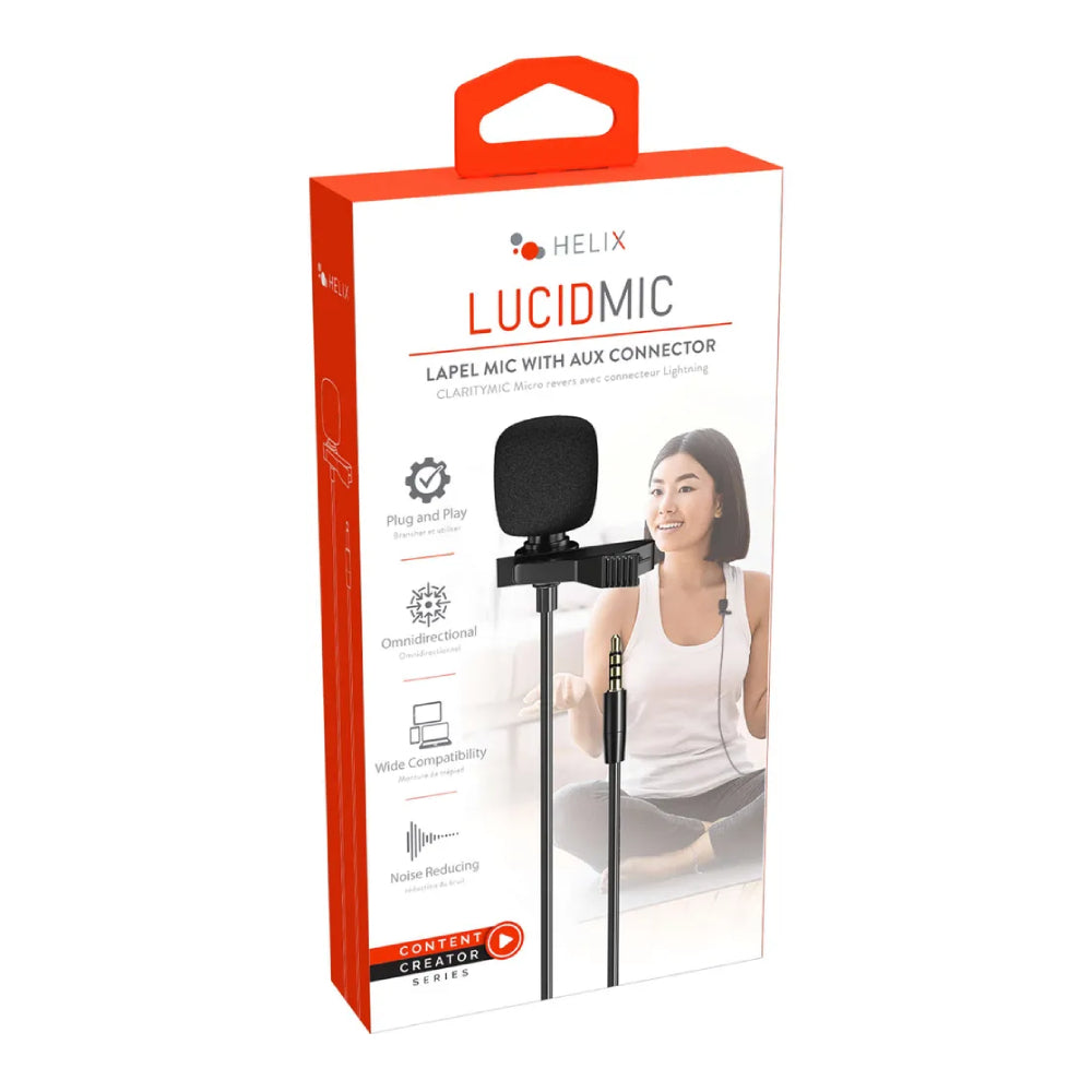 Micrófono de solapa Helix Lucid Mic con conector auxiliar, color negro 