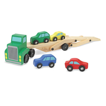 Melissa & Doug Wooden Car Carrier Playset with 1 Truck and 4 Cars