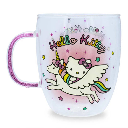 Sanrio Hello Kitty Unicorn 14 oz Glass Mug With Glitter Handle - White/Pink