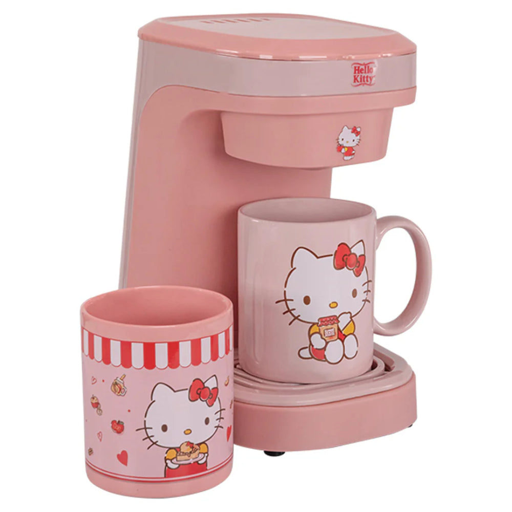 Uncanny Brands CM3KITHK1 Hello Kitty Single Cup Coffee Maker Gift Set with 2 Mugs - Peach