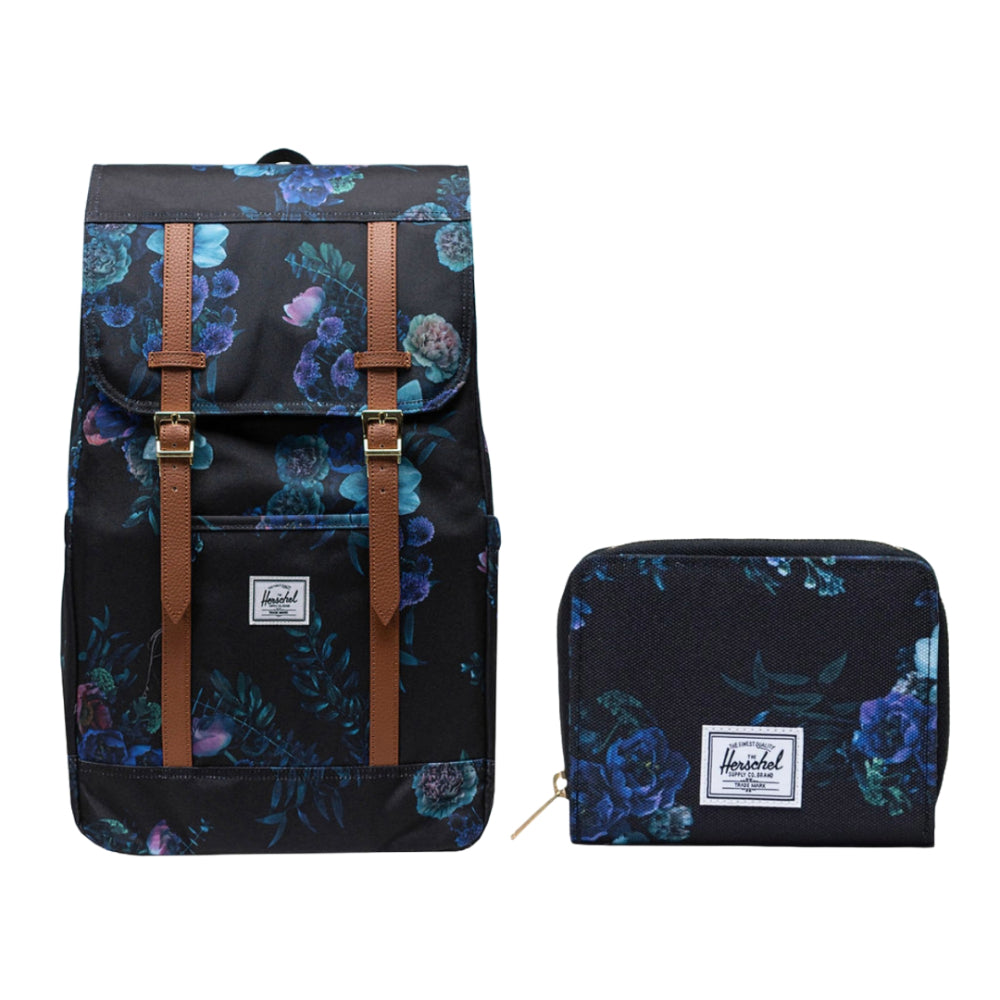 Paquete: Mochila Herschel Retreat de 23 l, diseño floral de noche + Cartera Herschel Georgia, diseño floral de noche