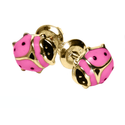 Marathon Women's Pink Ladybug Earrings in 14K Yellow Gold - Curacao