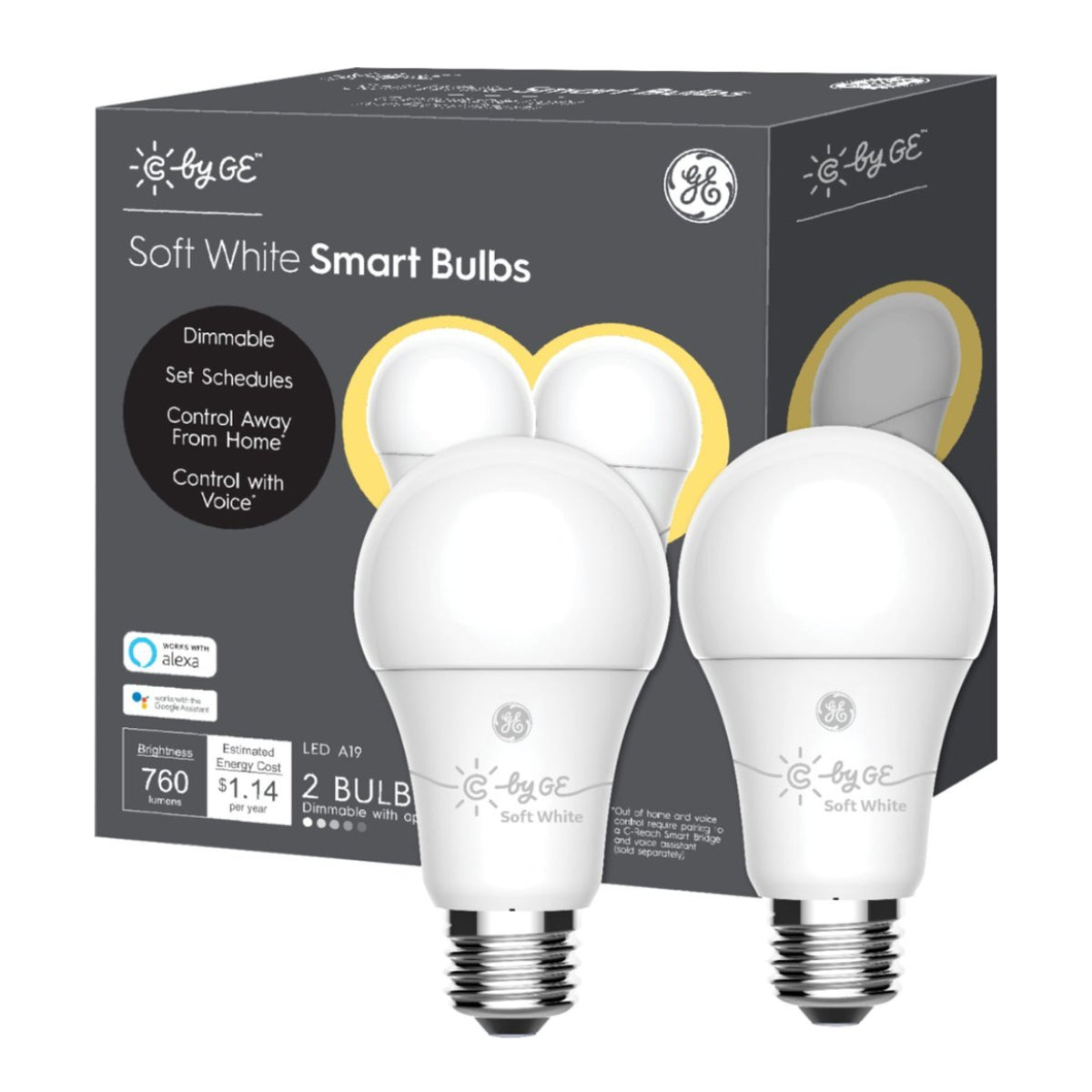 GE C-Life A19 60 Watts Smart LED Light Bulb with WiFi (Set of 2) - Soft White