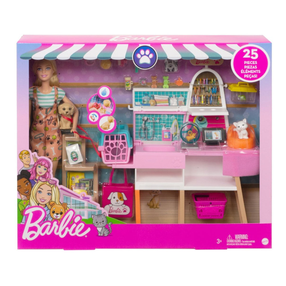 Juego de muñecas Barbie y tienda de mascotas (25 piezas)