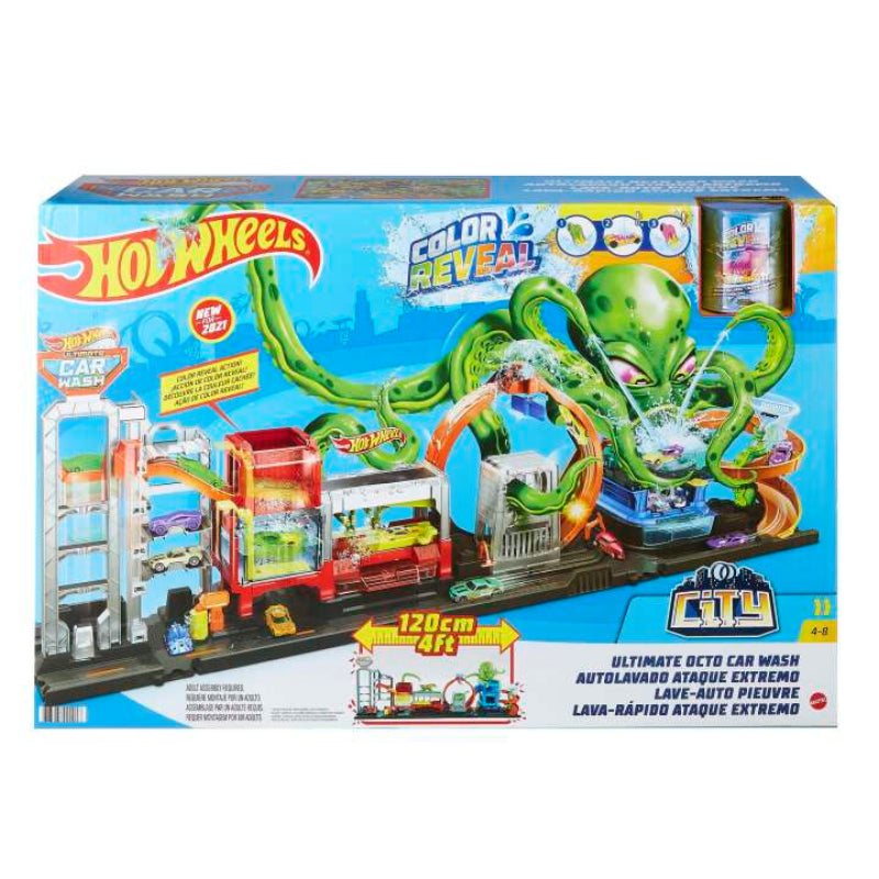 Set de lavado de autos Hot Wheels City Ultimate Octo con un auto que revela el color