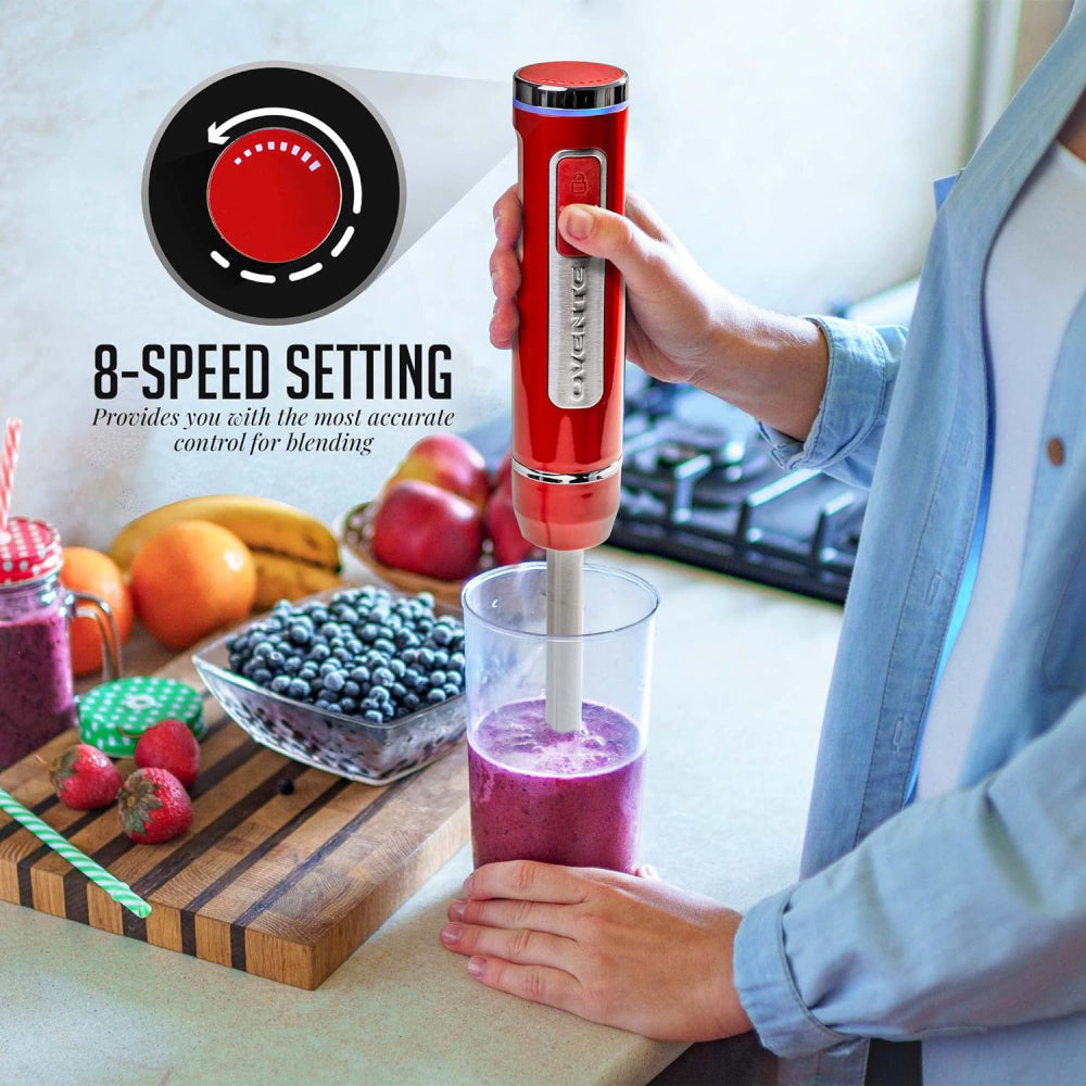 Ovente HR781R 8-Speed Electric Cordless Immersion Hand Blender - Red