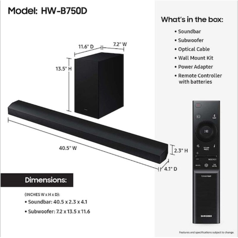 Sistema de barra de sonido Samsung HW-B750D/ZA serie B de 5.1 canales DTS Virtual:X con subwoofer, color negro