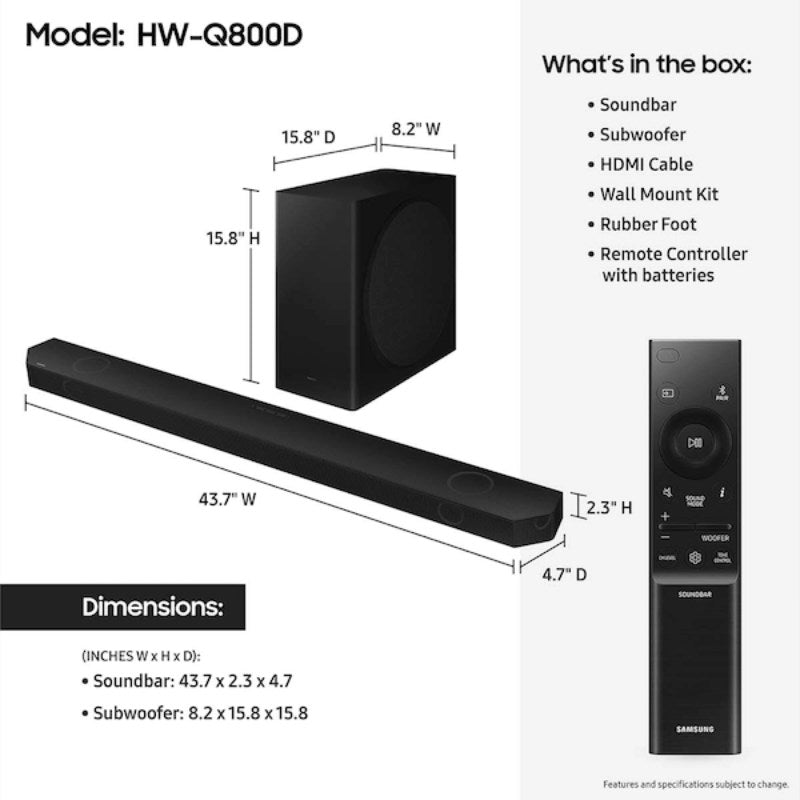 Barra de sonido Samsung HW-Q800D/ZA Serie Q de 5.1.2 canales con subwoofer y sistema Dolby Atmos, color negro