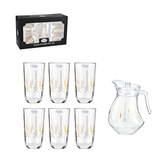 Alpine Cuisine 7-Piece Elegant Glass Pitcher & Tumbler Set – 8oz Floral Desig