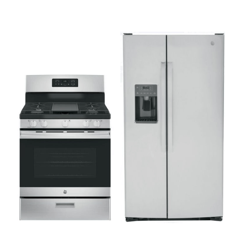 Paquete GE: refrigerador GE GSS25GYPFS de 25,3 pies cúbicos de lado a lado en acero inoxidable + cocina a gas independiente GE JGBS66REKSS de 5,0 pies cúbicos con 4 quemadores