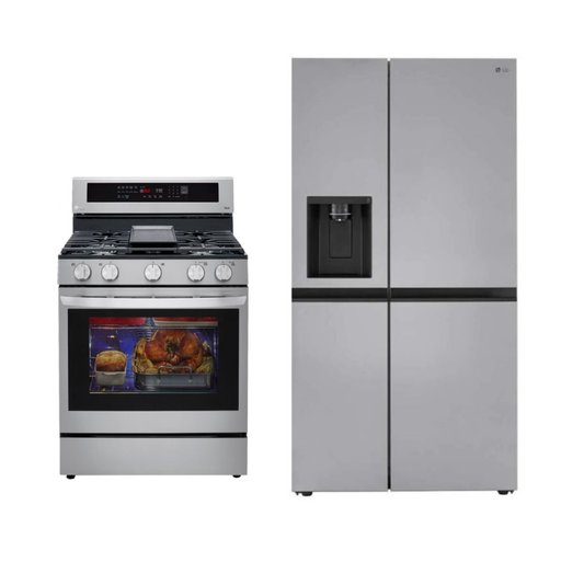 Paquete LG: refrigerador de acero inoxidable LG LRSXS2706S de 27,16 pies cúbicos de lado a lado + cocina a gas inteligente con Wi-Fi y Air Fry LG LRGL5825F de 5,8 pies cúbicos