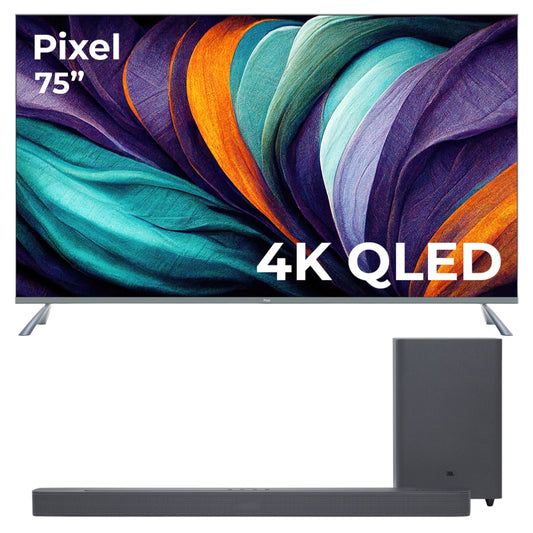 Paquete: televisor inteligente Pixel 75" 75D8100 QLED HD 4K sin marco + sistema de barra de sonido JBL Bar 300W 2.1-Ch con subwoofer inalámbrico