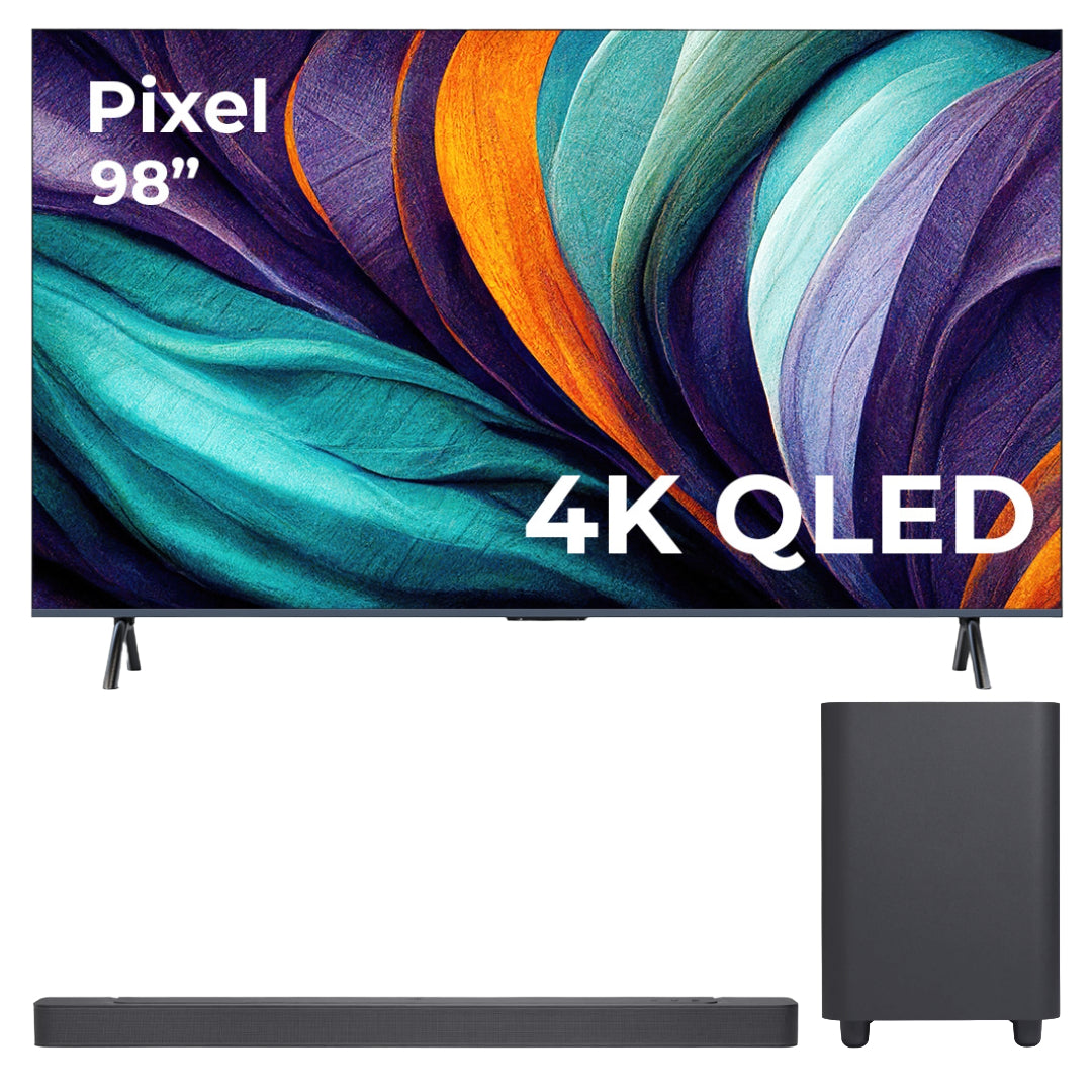 Paquete: televisor inteligente Pixel 98" 98D8100 QLED UHD 4K sin marco + sistema de barra de sonido JBL Bar 500 de 5.1 canales con Dolby Atmos y subwoofer inalámbrico