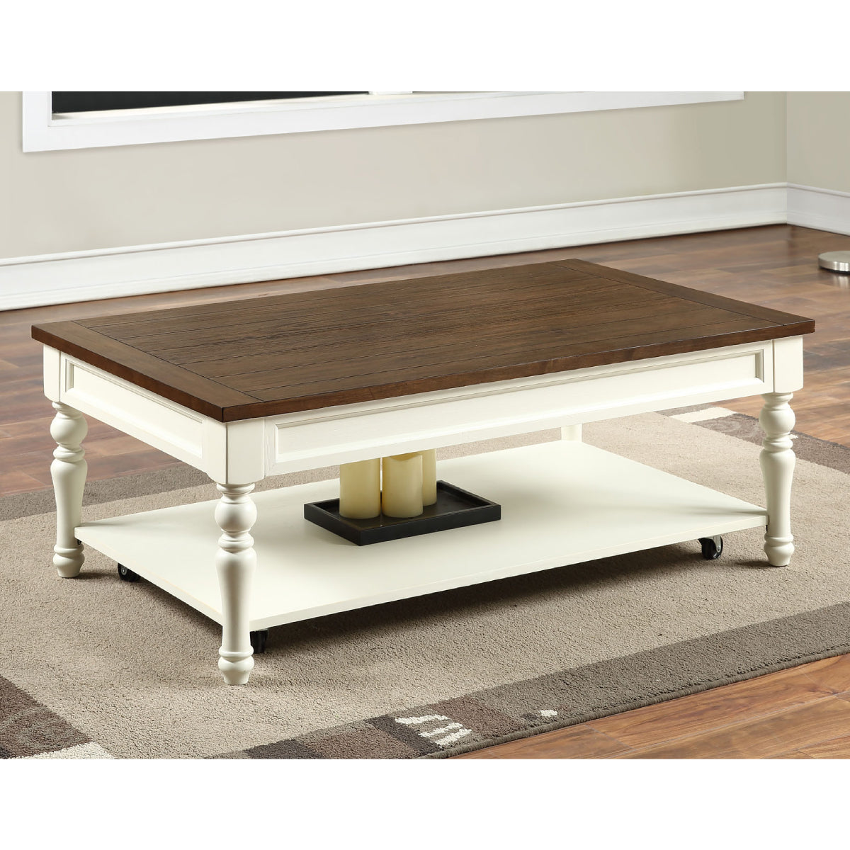 Joanna 48" Coffee Table with Open Shelf and Casters by Steve Silver Company - Ivory/Mocha