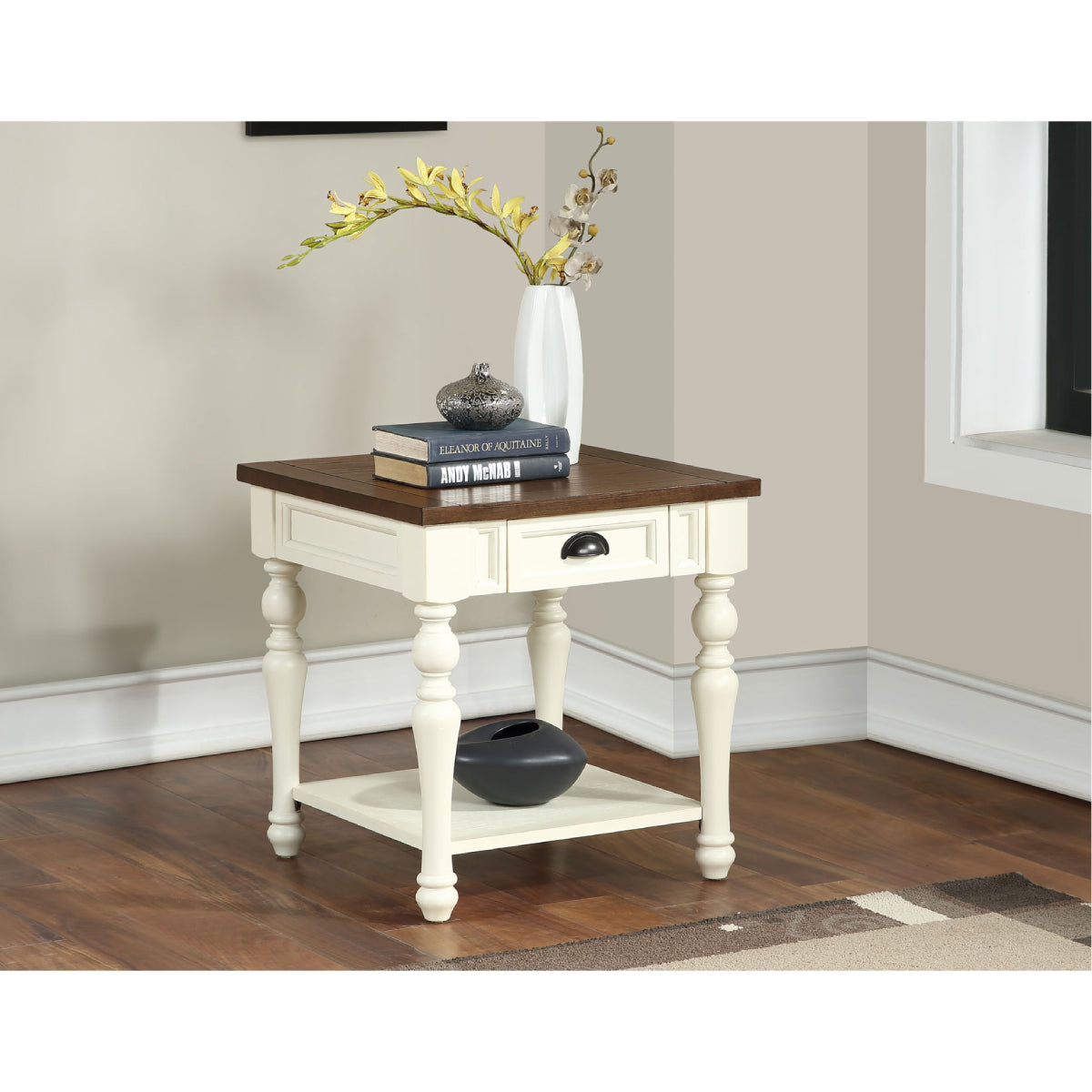 Joanna 22" End Table with Drawer and Open Shelf by Steve Silver Company - Ivory/Mocha