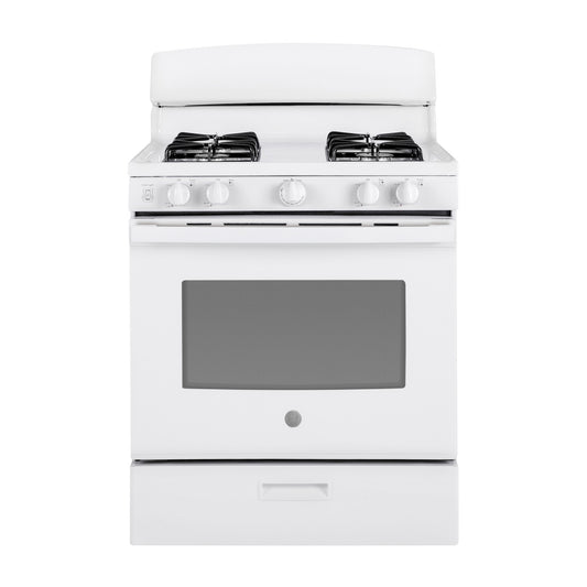 Cocina a gas independiente GE JGBS30DEKWW de 4,8 pies cúbicos y 30" con 4 quemadores sellados, color blanco 