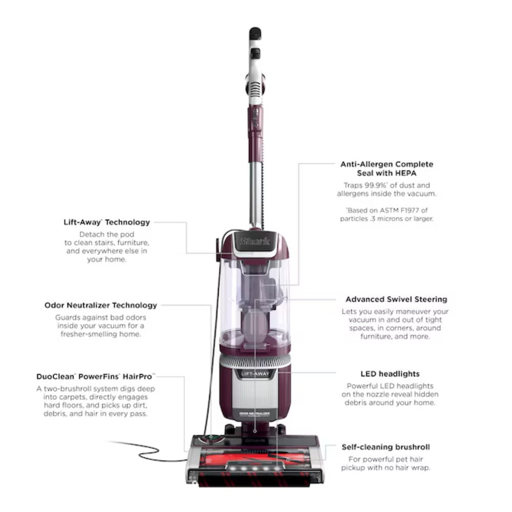 Aspiradora vertical Shark LA702 Rotator Pet Lift-Away ADV con tecnología DuoClean PowerFins HairPro y neutralizador de olores - Color morado vino