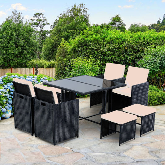 Mallorca Patio Set: Outdoor Dining Table + 1 Box: 2Chairs & 2 Ottomans