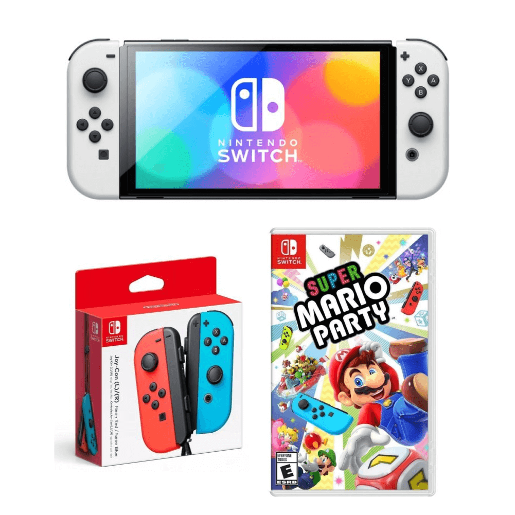 Consola Nintendo Switch OLED - Blanca + Joy-Con (LR) - Rojo neón/Azul neón + Super Mario Party