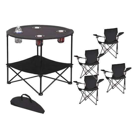 Paquete de verano: 4 sillas plegables negras con reposabrazos + mesa plegable deportiva de 2 niveles - Negra