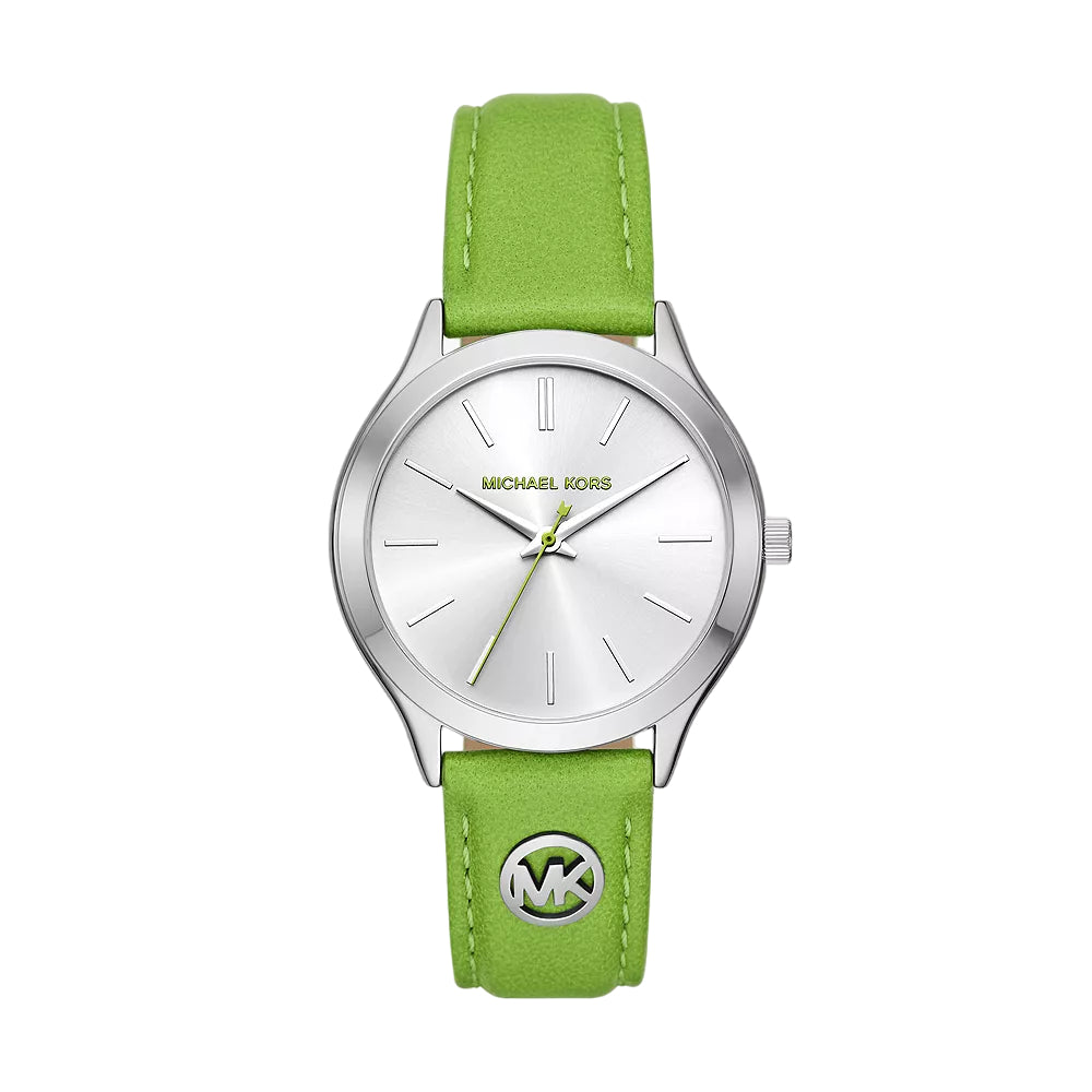 Reloj Michael Kors Slim Runway para mujer, correa verde de 38 mm y esfera blanca