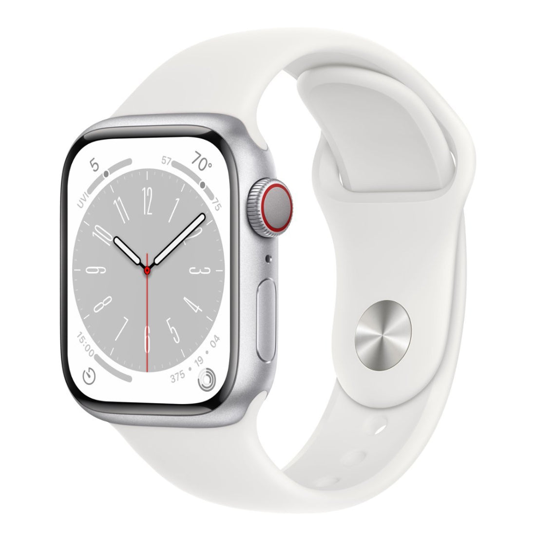 Reloj inteligente unisex Apple Series 8 de 41 mm con caja de aluminio plateada y correa deportiva blanca (talla S/M), GPS y conexión celular