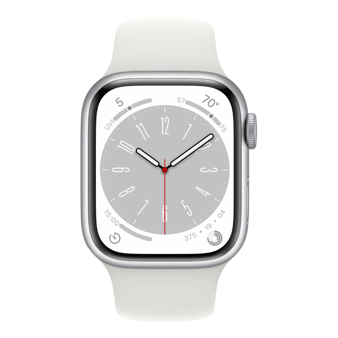 Reloj inteligente unisex Apple Series 8 de 41 mm con caja de aluminio plateada y correa deportiva blanca (talla S/M), GPS y conexión celular