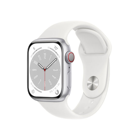 Reloj inteligente unisex Apple Series 8 de 41 mm con caja de aluminio plateada y correa deportiva blanca (talla M/L), GPS y conexión celular