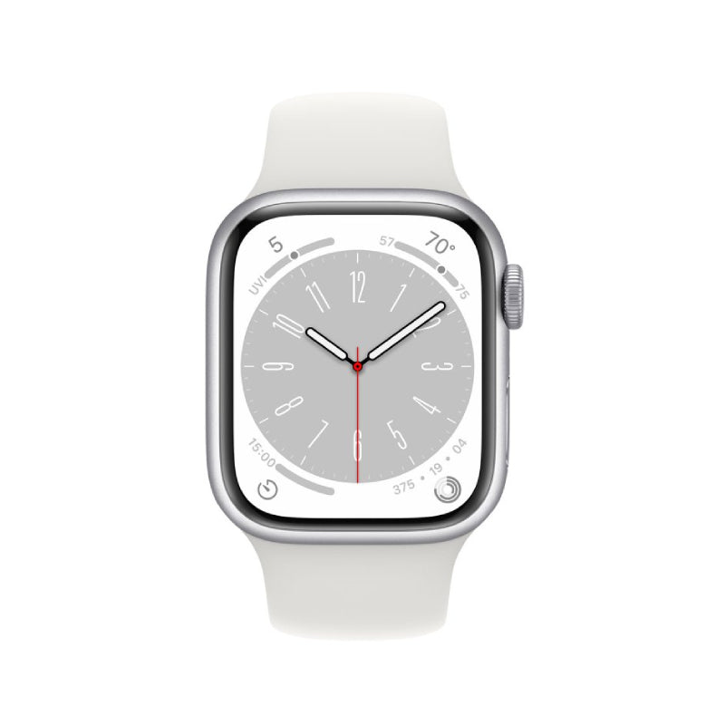 Reloj inteligente unisex Apple Series 8 de 41 mm con caja de aluminio plateada y correa deportiva blanca (talla M/L), GPS y conexión celular