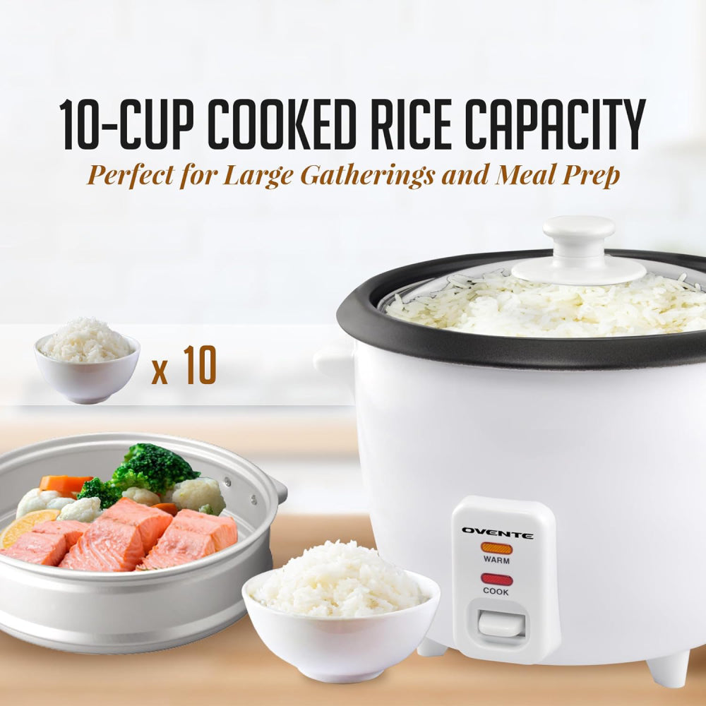 Ovente RCS01W Electric 10-Cup Cooked Rice Cooker with Food Steamer Basket - White