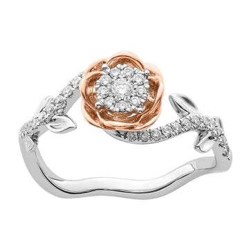Two-Tone Diamond Rose Flower Ring in 14K White and Rose Gold - Size 7