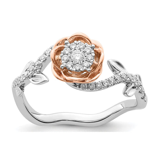 14k Two-Tone Diamond Rose Flower Ring - White and Rose Gold (Size 7)