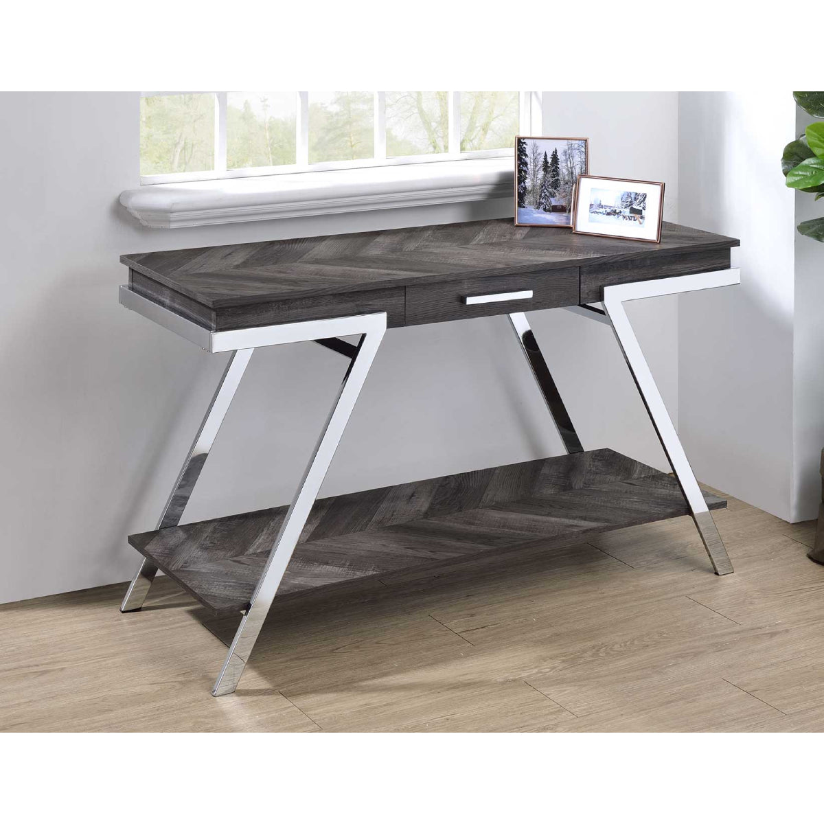 Roma 47.5" Sofa Table with Drawer and Open Shelf by Steve Silver Company - Shadow Gray/Chrome