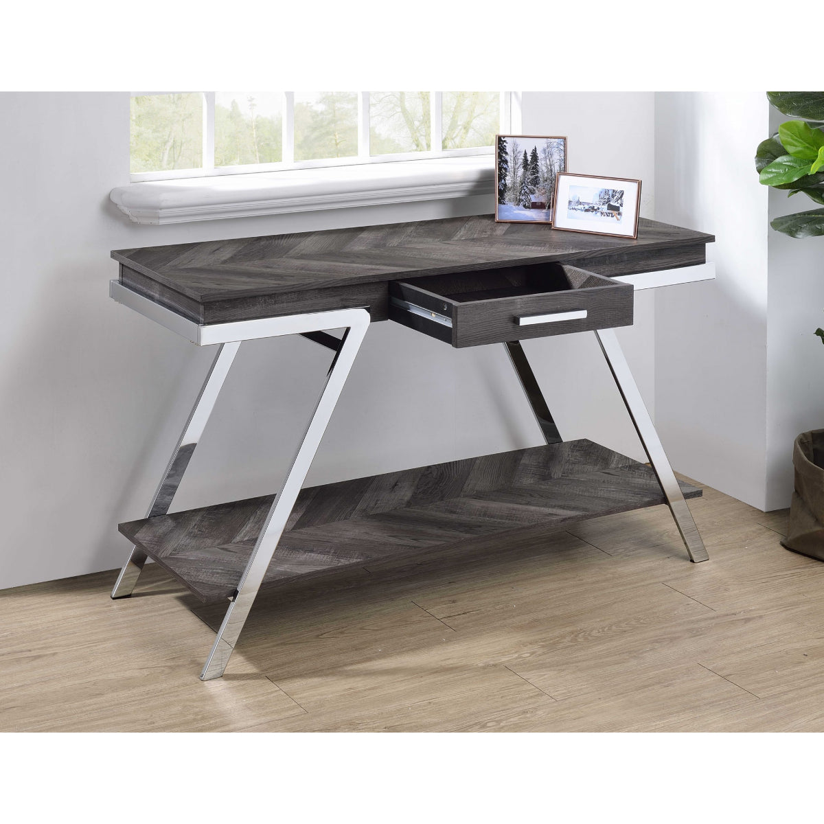 Roma 47.5" Sofa Table with Drawer and Open Shelf by Steve Silver Company - Shadow Gray/Chrome