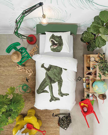 Juego de funda nórdica de 3 piezas tamaño queen de Snurk con diseño de dinosaurio, blanco y verde