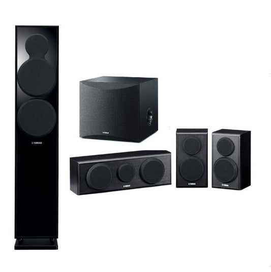 Yamaha Bundle: Dual 6.5" Floorstanding Speakers + 1 Center & 2 Surround Speakers + 8" Powered Subwoofer – Black
