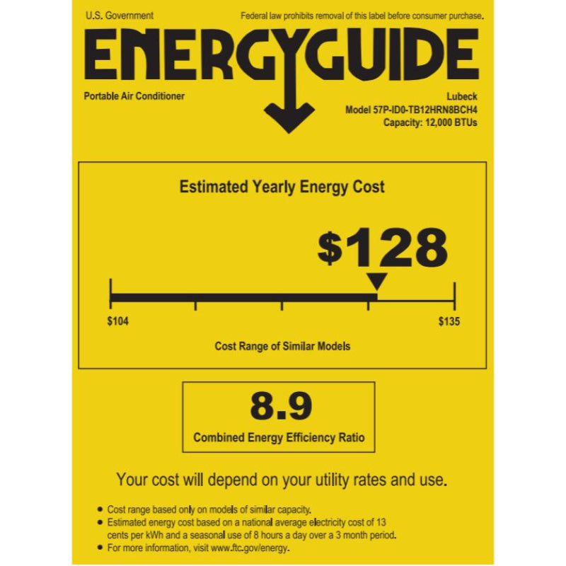 Aire acondicionado portátil Lubeck TB12HRN8BCH4 de 12 000 BTU, color negro