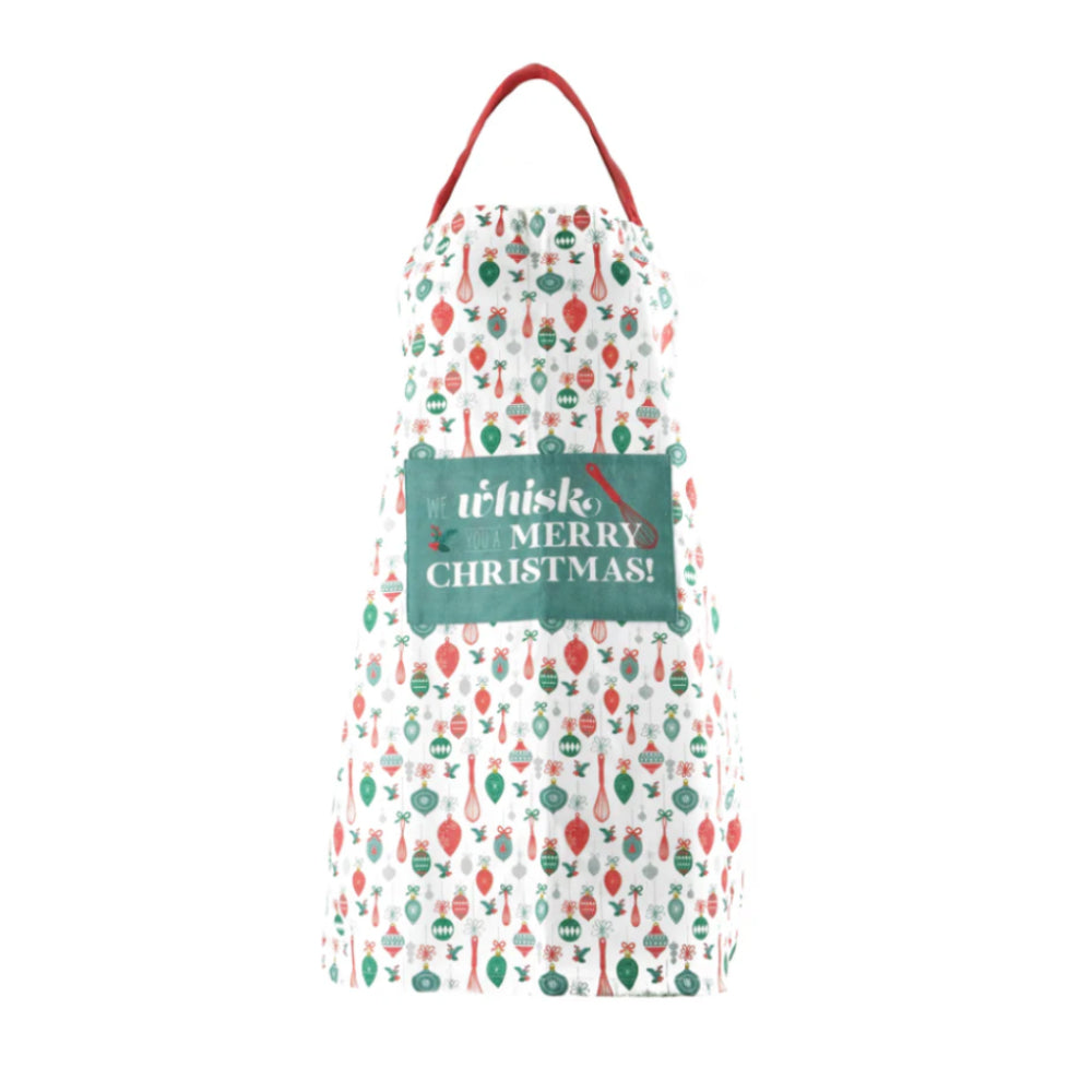 Delantal navideño con texto en inglés "Eat Drink and Be Merry" de Krumbs Kitchen, color negro y rojo